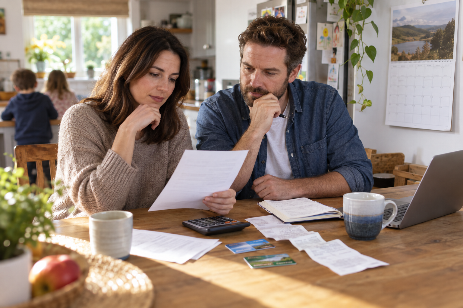 Parents reviewing family membership costs and renewal dates at a kitchen table