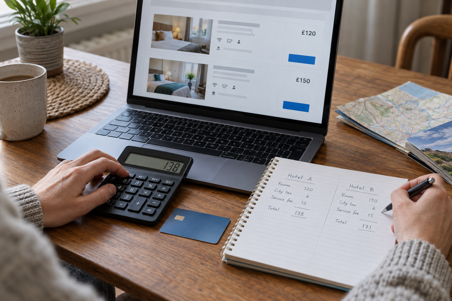 Traveller comparing two hotel totals with a calculator and fee notes