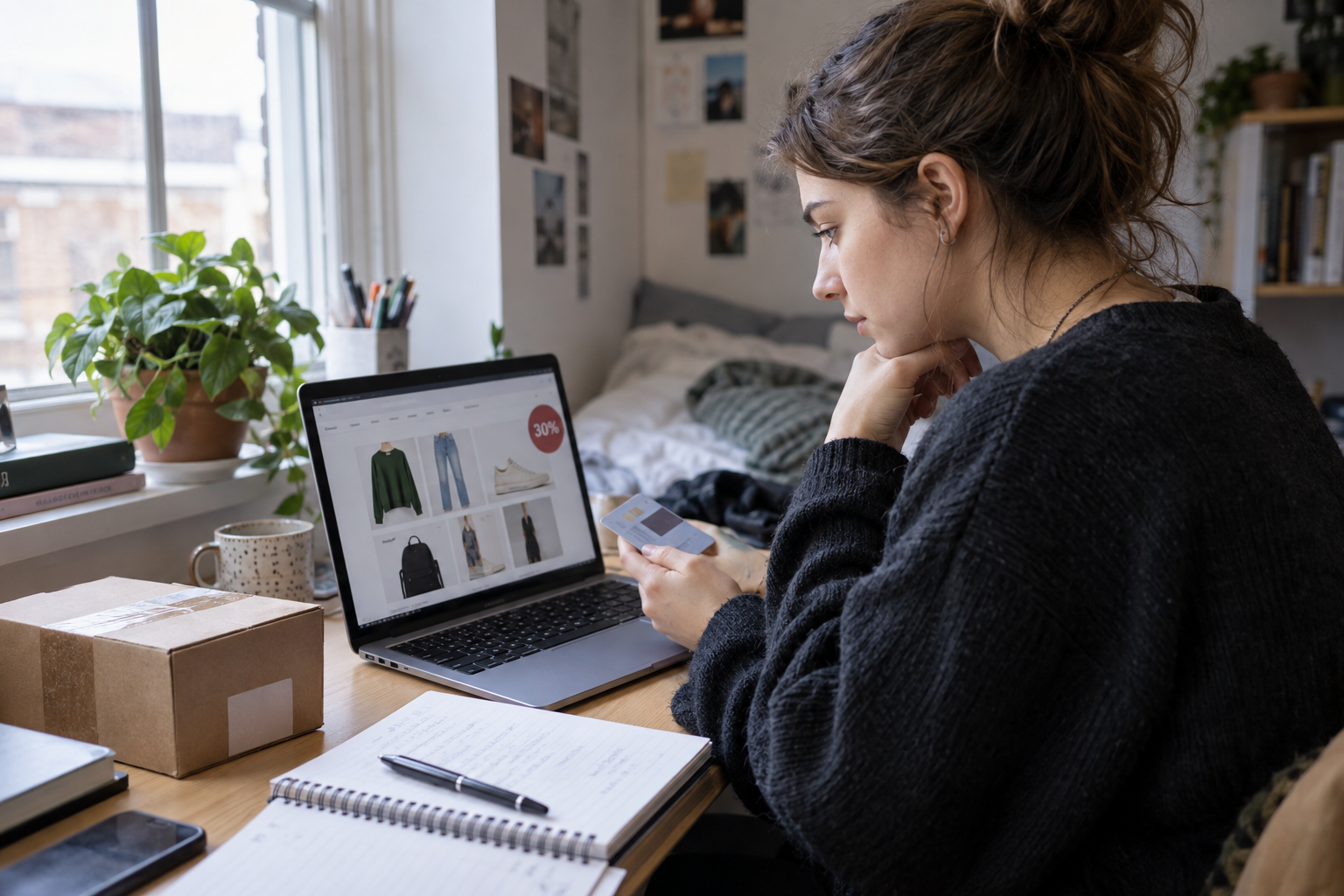 Student checking an online shopping discount at a laptop